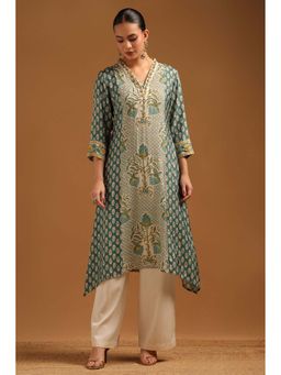Soch - Teal Muslin Kurta with Floral Print Beads And Stones