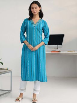Gerua By Libas - Blue striped woven design kurta