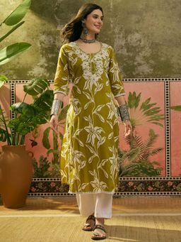 Stylum - Green Embroidered Cotton Straight Kurta