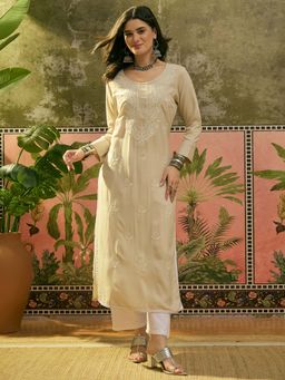Stylum - Ivory Embroidered Rayon Straight Kurta