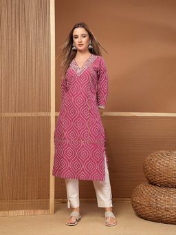 Stylum - Pink Embroidered Cotton Straight Kurta