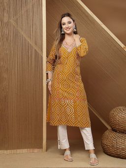 Stylum - Mustard Embroidered Cotton Straight Kurta