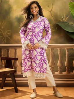 Stylum - Purple Floral Printed Cotton Straight Kurta
