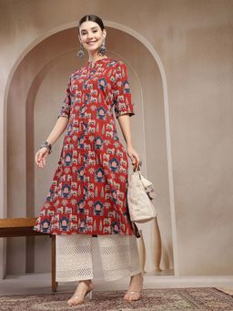 Stylum - Red Animal Printed Cotton A-Line Kurta