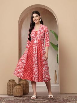 Stylum - Red Floral Printed Cotton Flared Kurta