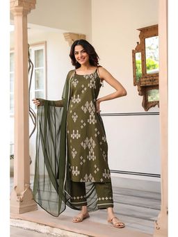 Rain & Rainbow - Olive Printed Regular Pure Cotton Kurta with Pant and & Dupatta