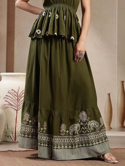 Stylum - Green Animal and Floral Printed Tiered Rayon Skirt