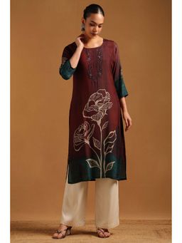 Soch - Wine Muslin Kurta with Floral Print Beads And Stones