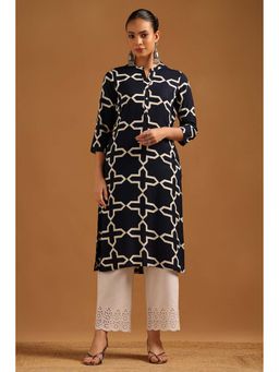 Soch - Navy Blue Rayon Kurta with Geometric Print