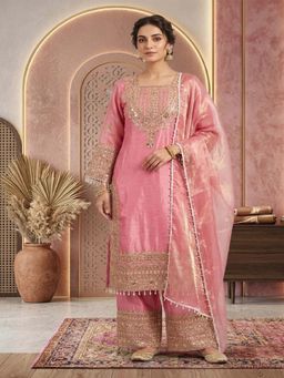 PMD FASHION - Pink Zari Embroidered Kurta with Pant and Dupatta