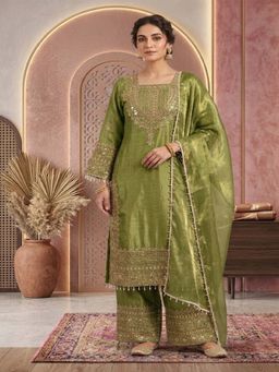 PMD FASHION - Green Zari Embroidered Kurta with Pant and Dupatta