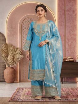 PMD FASHION - Blue Zari Embroidered Kurta with Pant and Dupatta