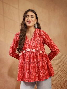 Stylum - Maroon Ikkat Printed Cotton Empire Top