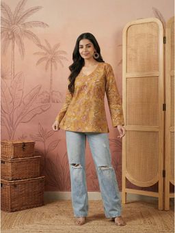 Stylum - Mustard Floral Printed Cotton Straight Tunic