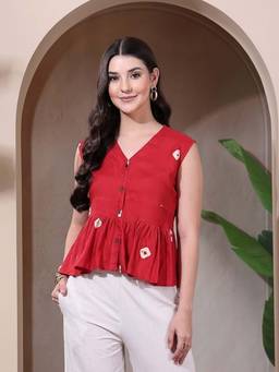 Stylum - Red Bandhej Printed Rayon Peplum Top
