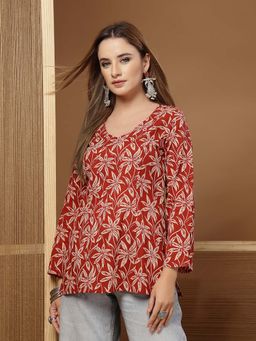 Stylum - Rust Floral Printed Cotton Straight Tunic