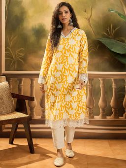 Stylum - Yellow Floral Printed Cotton Straight Kurta