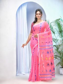DESH BIDESH - Pink Dhakai Jamdani Handloom Saree Blue Diamond Saree Without Blouse