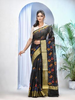 DESH BIDESH - Black Women Tant Cotton Silk Handloom Flower Print Design Saree with Unstitched Blouse