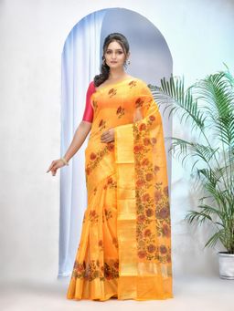 DESH BIDESH - Mustard Women Tant Cotton Silk Handloom Flower Print Design Saree with Unstitched Blouse