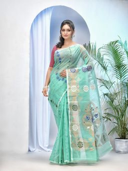 DESH BIDESH - Green Resham Dhakai Jamdani Cotton Silk Handloom Saree Without Blouse