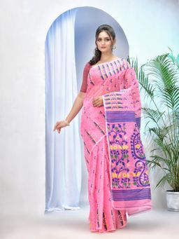 DESH BIDESH - Pink Resham Dhakai Jamdani Cotton Silk Handloom Saree Without Blouse