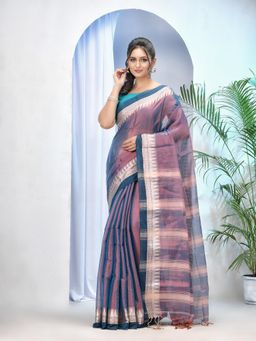 DESH BIDESH - Blue Bengal Mayurkonthi Temple Tissue Silk Handloom Cotton Saree with Unstitched Blouse