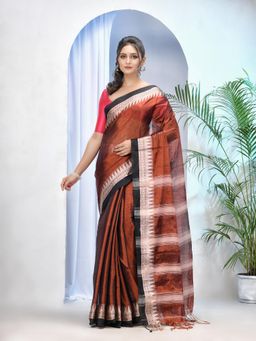 DESH BIDESH - Brown Bengal Mayurkonthi Temple Tissue Silk Handloom Cotton Saree with Unstitched Blouse