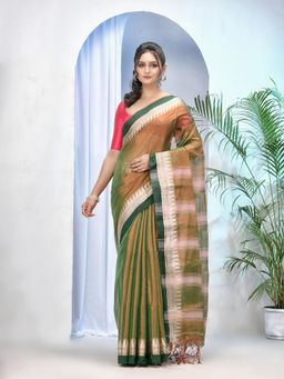 DESH BIDESH - Green Bengal Mayurkonthi Temple Tissue Silk Handloom Cotton Saree with Unstitched Blouse