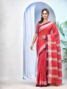 DESH BIDESH - Red Bengal Mayurkonthi Temple Tissue Silk Handloom Cotton Saree with Unstitched Blouse
