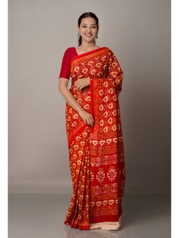 Unnati Silks - Red Pure Krisha Block Printed Cotton Saree with Unstitched Blouse
