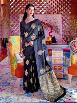 Odette - Phantom Black Soft Satin Silk Banarasi Saree With Blouse Piece