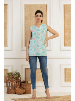 Do Dhaage - Floral Printed Sleeveless Blue Cotton Top