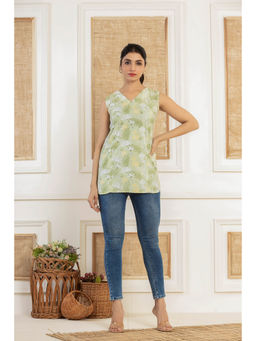 Do Dhaage - Floral Printed Sleeveless Green Cotton Top