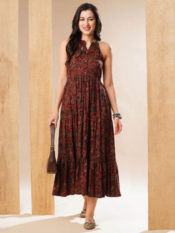 Globus - Women Maroon Halter Neck Allover Floral Print Tiered Fit & Flare Fusion Maxi Dress