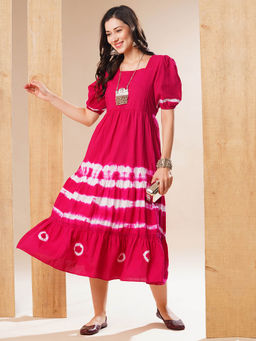 Globus - Women Pink Square Neck Puff Sleeves Tie & Dye Lace Detail Fit & Flare Midi Dress