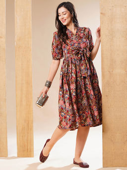 Globus - Women Multi V-Neck Puff Sleeves Gathered Waist Bow Design Fit & Flare Fusion Midi Dress