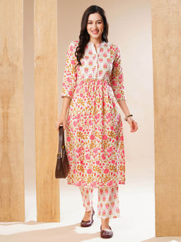 Globus - Women Off-White Floral Print Mandarin Collar A-Line Workwear Kurta & Trouser Set