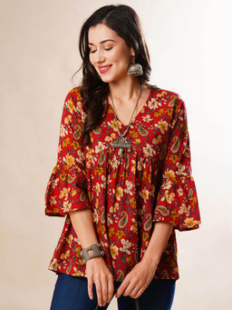 Globus - Women Black Floral Printed V-Neck Bell Sleeves Gathered A-Line Alia Cut Workwear Tunic