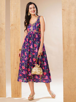 Globus - Women Purple Sequinned & Embroidered Yoke Floral Print Festive A-Line Aliya Cut Maxi Dress