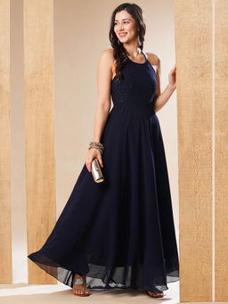 Globus - Women Blue Halter Tie-Up Neck Embroidered & Sequinned Yoke Fit & Flare Festive Maxi Dress