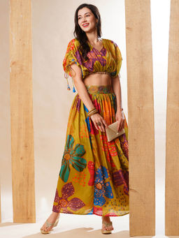 Globus - Women Green V-Neck Floral Print Kaftan Top & Skirt Fusion Co-Ord Set