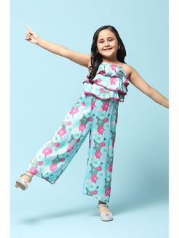 Biba - Blue Cotton Straight Printed Jumpsuit