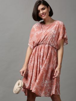 SHOWOFF - Womens Round Neck Floral Peach Knee Length Dress