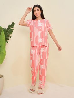 Sweet Dreams - Women Orange Printed Top with Pyjama (Set of 2)