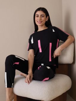 Sweet Dreams - Women Black Printed Top with Pyjama (Set of 2)