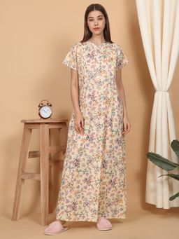 Sweet Dreams - Women Cream Floral Print Full Length Night Dress