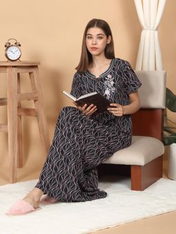 Sweet Dreams - Women Navy Blue Printed Full Length Night Dress