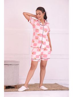 NAP STORY - Pink Cat Printed Half Sleeves Shirt with Shorts (Set of 2)