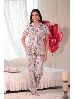 NAP STORY - White Comic Print Half Sleeves Shirt with Pyjama (Set of 2)